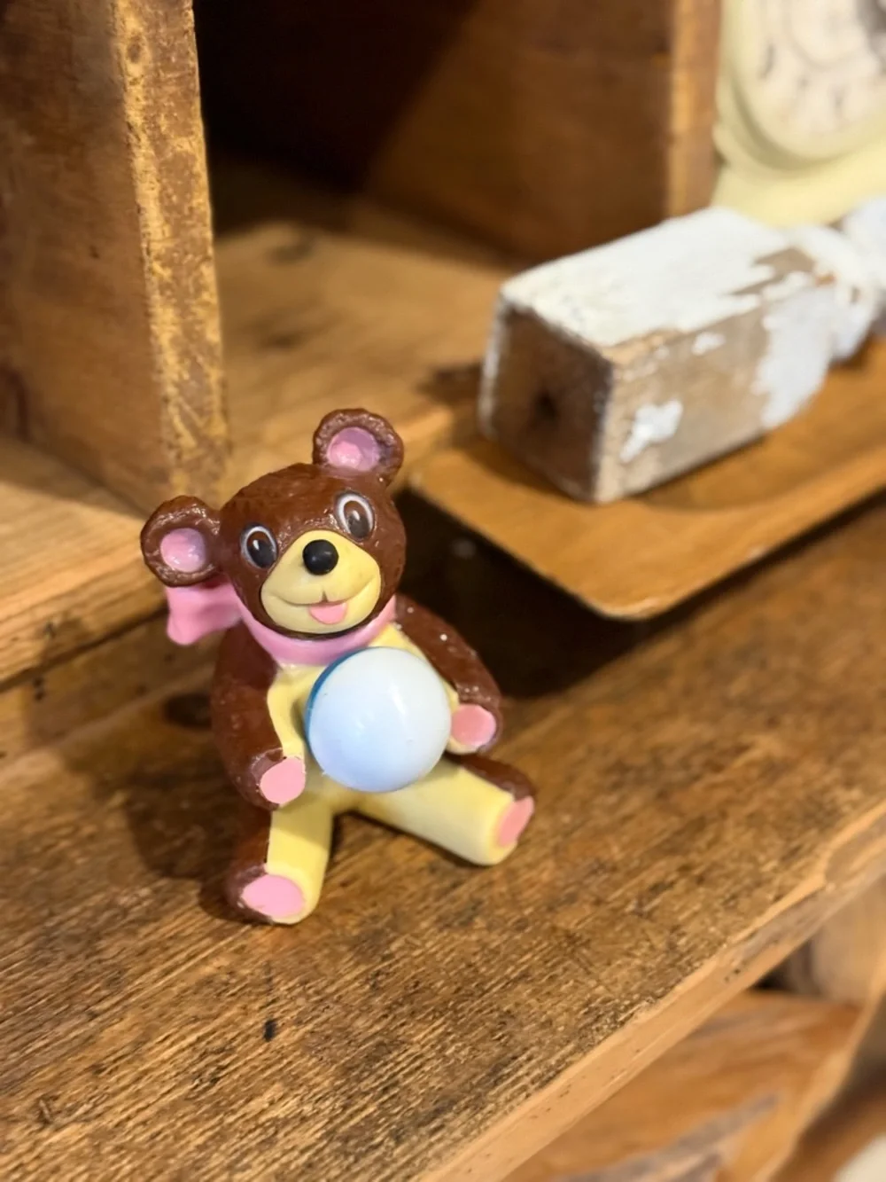 Vintage Brown and Pink Bear Toy Figure with Ball Cake Topper